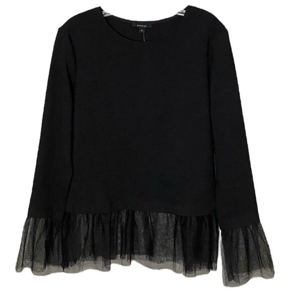 Drew Black Mesh Tulle Hem Stretch Long Sleeve Crew Neck Top NWT Size Large - Picture 1 of 6
